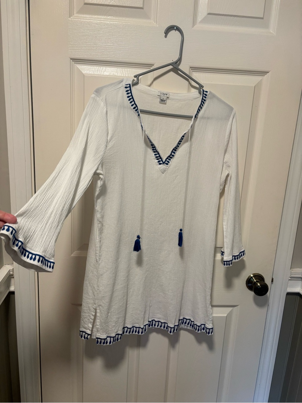 J.Crew White Cotton Tunic Cover Up Blue Tassel Embroidered Medium - Picture 10 of 11